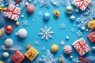 蓝色背景的多彩圣诞装饰