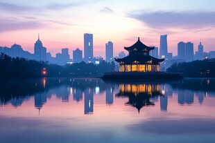 湖畔古亭映城市梦幻暮色