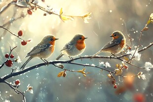 冬日枝头的三只灵动小鸟