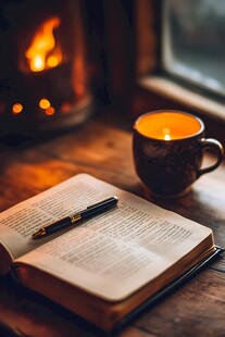温暖壁炉旁的阅读时光
