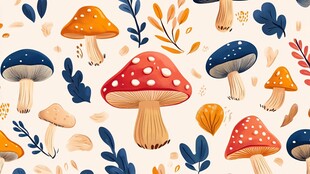 多彩蘑菇与植物的插画图案