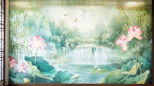 中式山水荷花诗意壁画