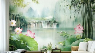 中式山水荷花客厅壁画