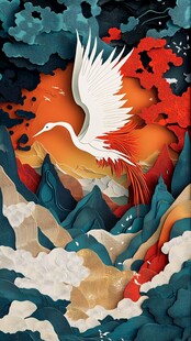 仙鹤翱翔于山川云海间