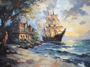 海边古宅旁的远航帆船