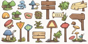 卡通风格户外指示牌与植物