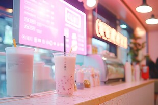 粉色系奶茶店的清新饮品