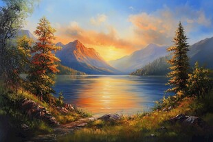 湖畔山林的绝美黄昏景象