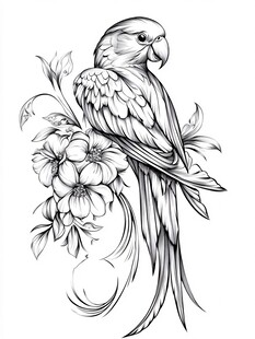 鹦鹉栖花黑白线条插画