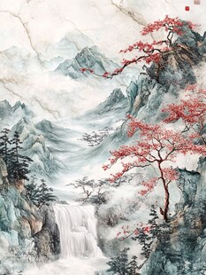 水墨山水间的烂漫红枫