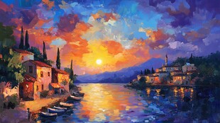 河畔夕阳下的美丽小镇风光