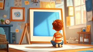 小男孩专注看画架上画布