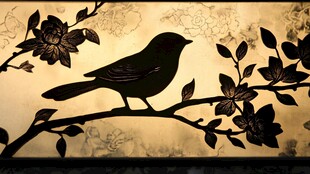 枝头小鸟剪影与花卉图案