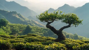 山间孤树映茶园美景