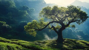 山间孤树映晨晖