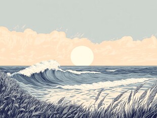 海边日落浪潮与芦苇景象