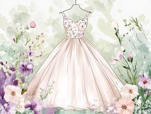 梦幻花卉环绕的优雅连衣裙