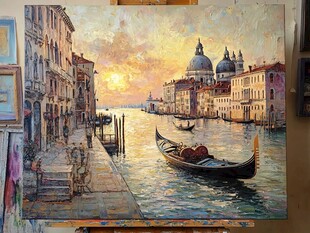 威尼斯河畔黄昏油画风景