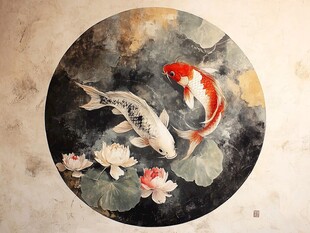 圆形锦鲤荷花国画艺术