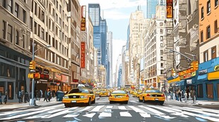 繁华都市街头的黄色出租车