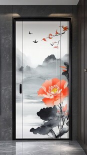中式水墨荷花移门艺术