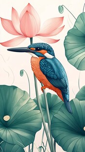 翠鸟栖于荷花荷叶间