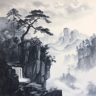 水墨黄山迎客松山水图景