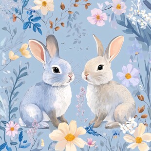 双兔花丛图