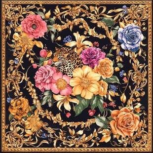 豹纹花卉装饰华丽方巾图案