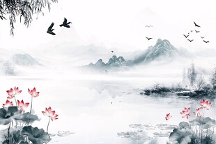 水墨山水间的荷影飞鸟