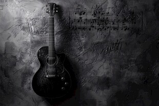 黑色吉他与墙上音乐符号