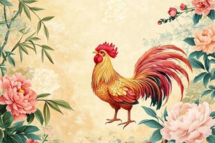 公鸡立于繁花翠竹间