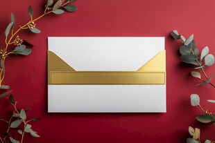 金色装饰信封与绿植搭配