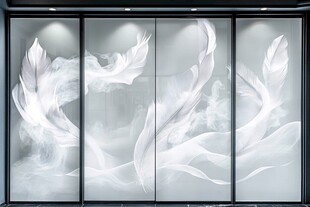 梦幻白色羽毛艺术玻璃移门