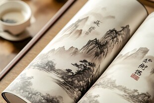 中式山水画卷与茶韵
