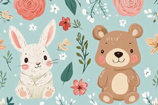可爱兔熊与花卉卡通图案