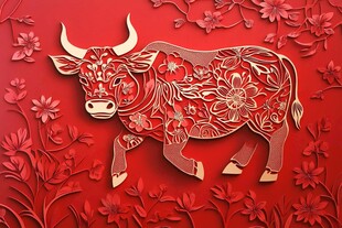 红色剪纸风牛年喜庆图案