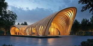 梦幻弧形木质建筑夜景