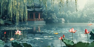 湖畔古亭 荷花摇曳生姿