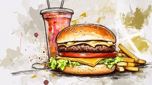 手绘美味汉堡套餐饮品图