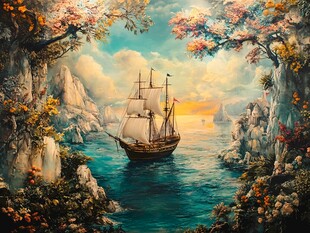 海上帆船穿行于繁花峭壁间