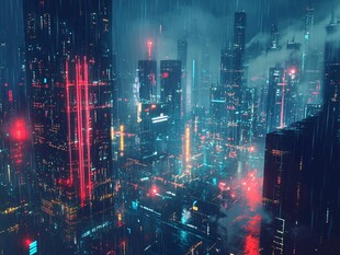 雨夜霓虹下的赛博朋克都市