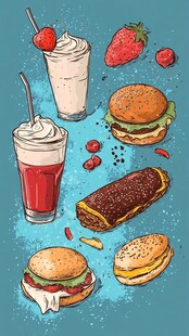 美味汉堡与特色饮品插画