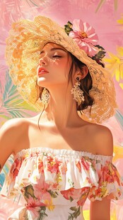 夏日风情美人 花朵草帽装扮
