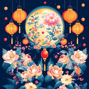 中秋月夜牡丹灯笼图