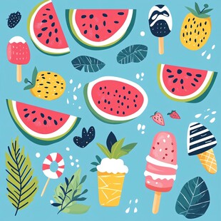 夏日清凉水果冰淇淋插画
