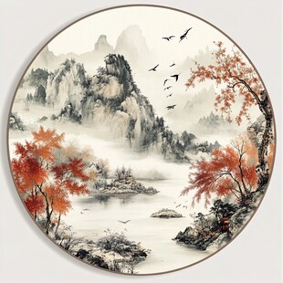 圆形山水秋景国画