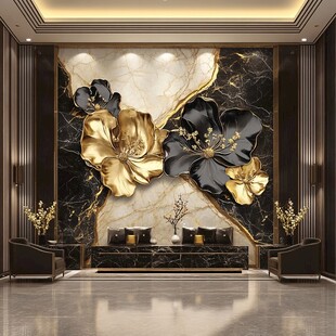 奢华黑金花卉大理石背景墙