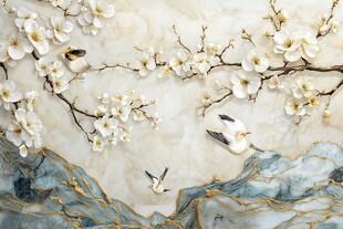 玉兰花枝间飞鸟山水图