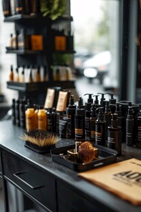 理发店陈列的美发护理产品